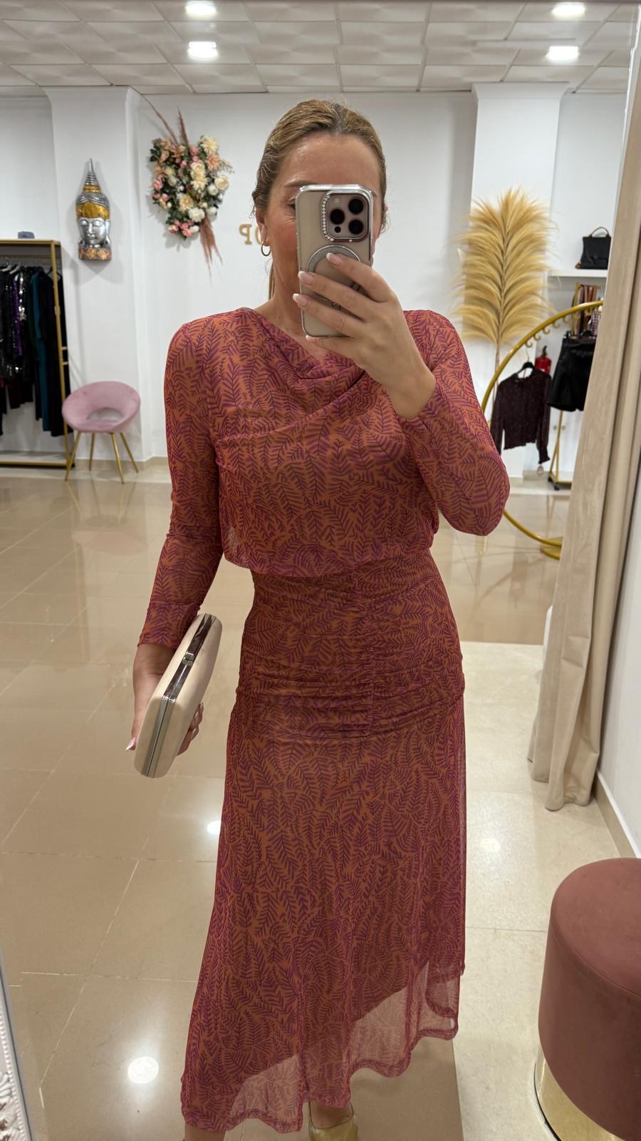 Vestido Esined Coral Combinado Con Buganvilla