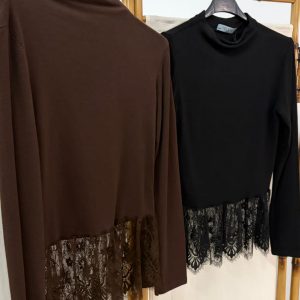 Top Jersey Peplum Encaje Dos Colores ( Marrón Y Negro)
